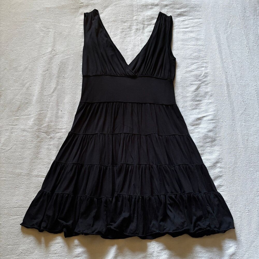 Studio M Black Tiered V-Neck Mini Little Black Dress / Y2K Boho